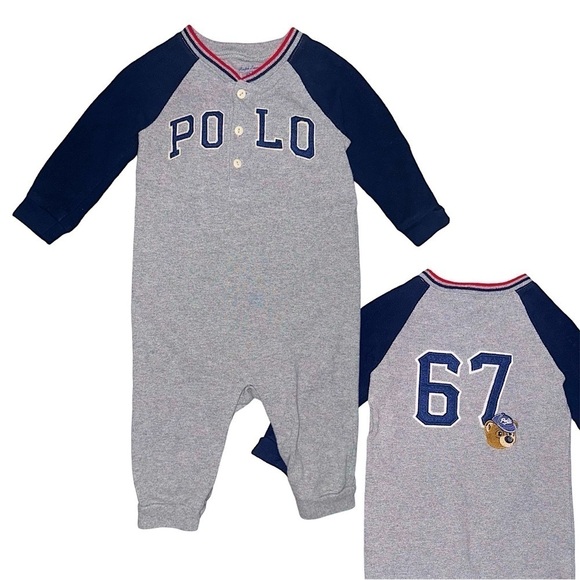 Ralph Lauren Polo Logo Embroidered Bear Baseball Long Sleeve Cotton Onesie Sz 9M - Picture 1 of 8